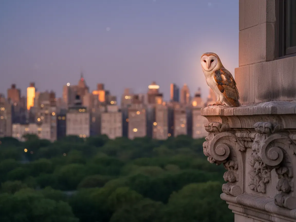 A pale barn owl perched on a stone building cornice in Manhattan at twilight, with glowing city lights and park trees.