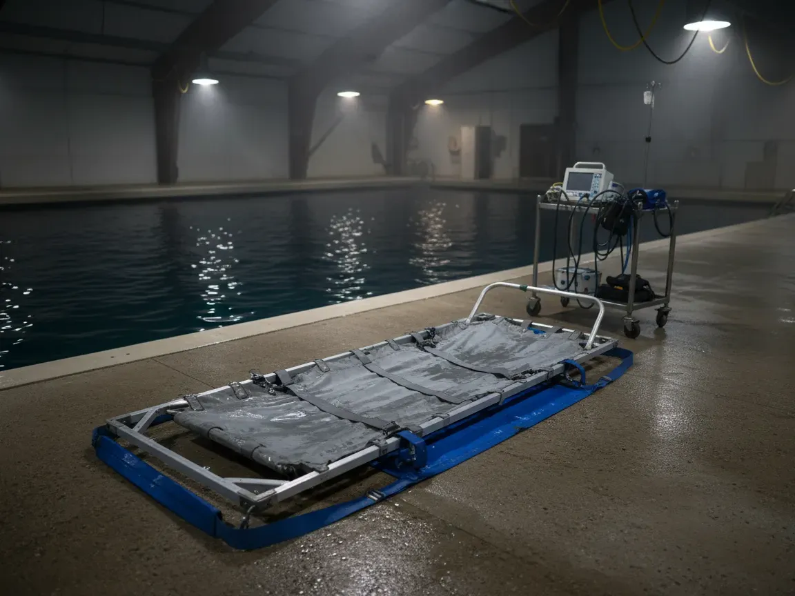 Marine animal transport stretcher and sling on a wet indoor dock beside a pool under soft industrial lighting.