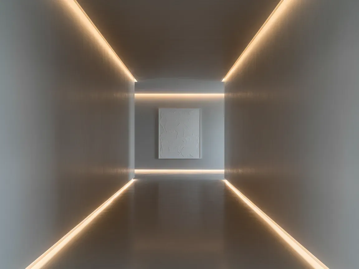 Minimalist modern hallway with smooth concrete walls and warm, hidden LED cove lighting along the ceiling and baseboard.