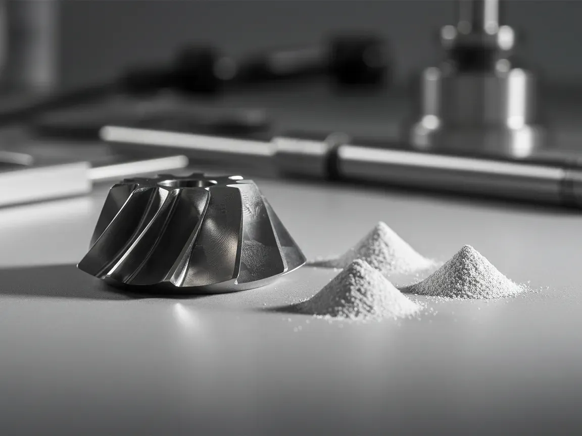 Precision-engineered metallic component beside piles of titanium powder under dramatic studio lighting.