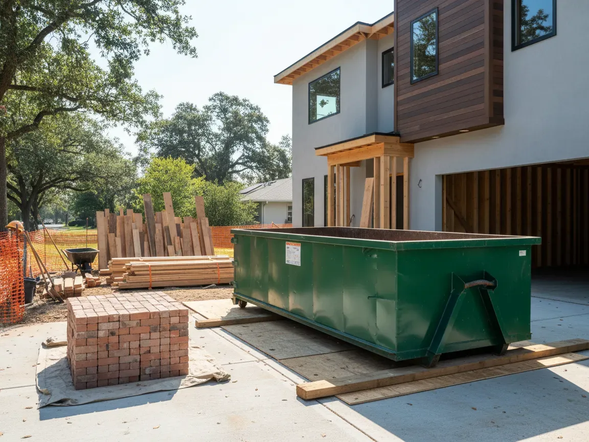 Large metal dumpster and sorted piles of bricks and lumber in the driveway of a home under renovation.