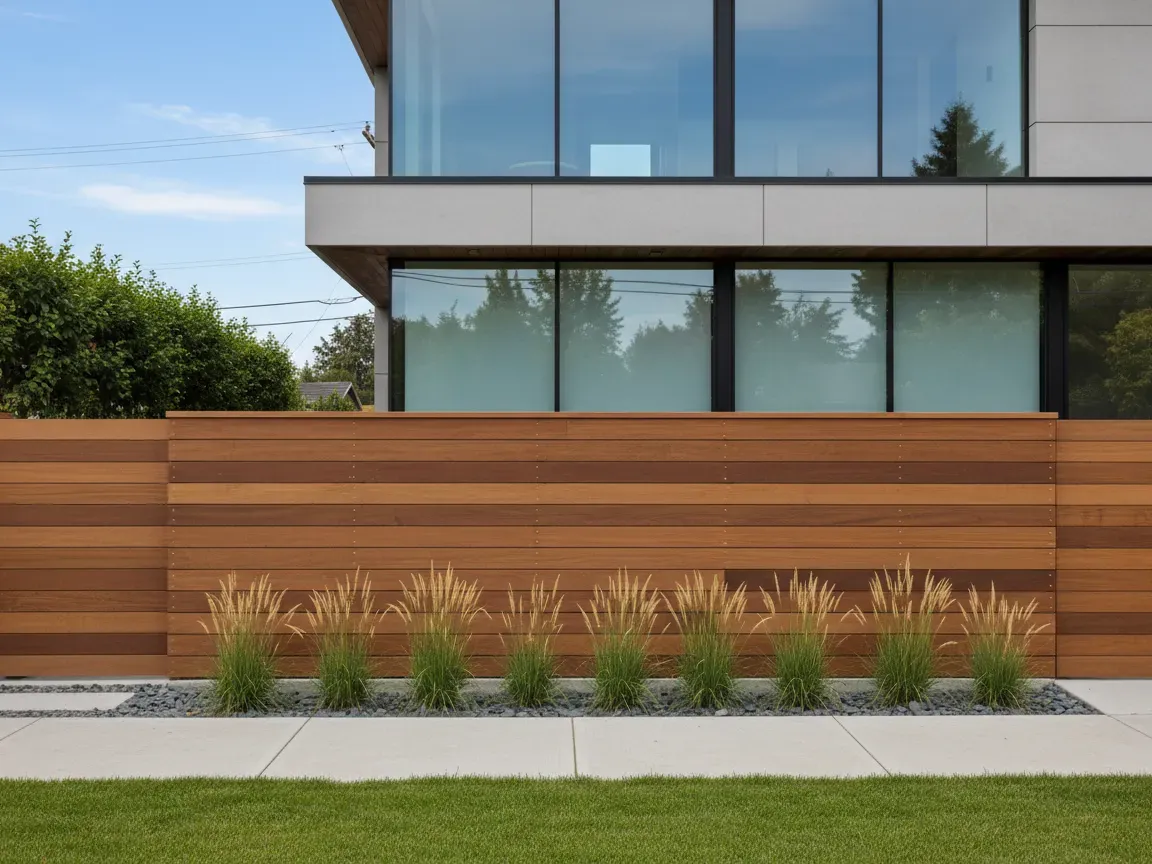 Modern home facade with timber slat fencing, concrete walls, large glass windows, and minimalist landscaping.